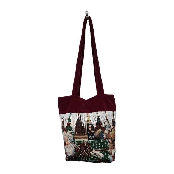 Vintage Christmas Art Tapestry Purse Tote Bag Beaded Fringe Xmas Santa Velvet - Picture 1 of 16